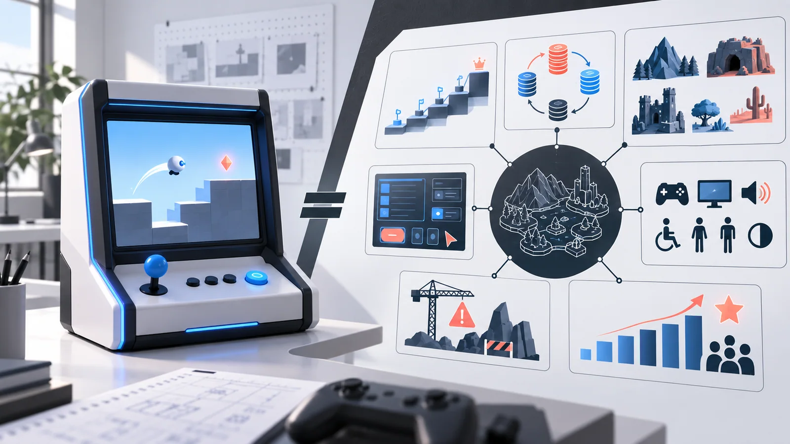 A playable mechanic prototype sits beside a broader map of progression, economy, content, accessibility, production, and success criteria.